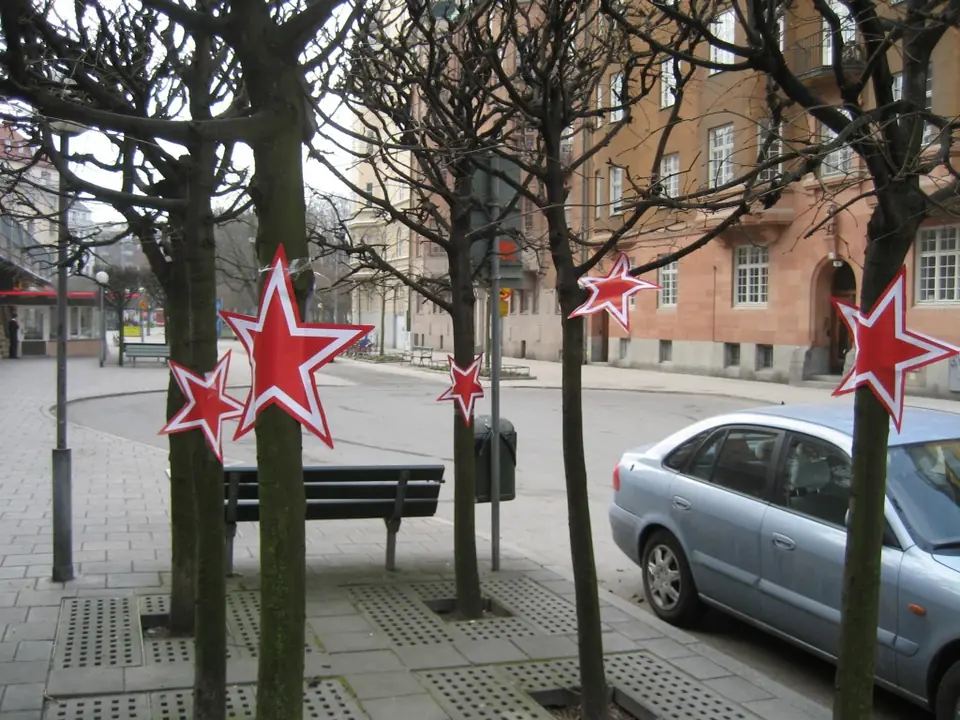 Star FM-stjerner hængt op i træer langs en gade